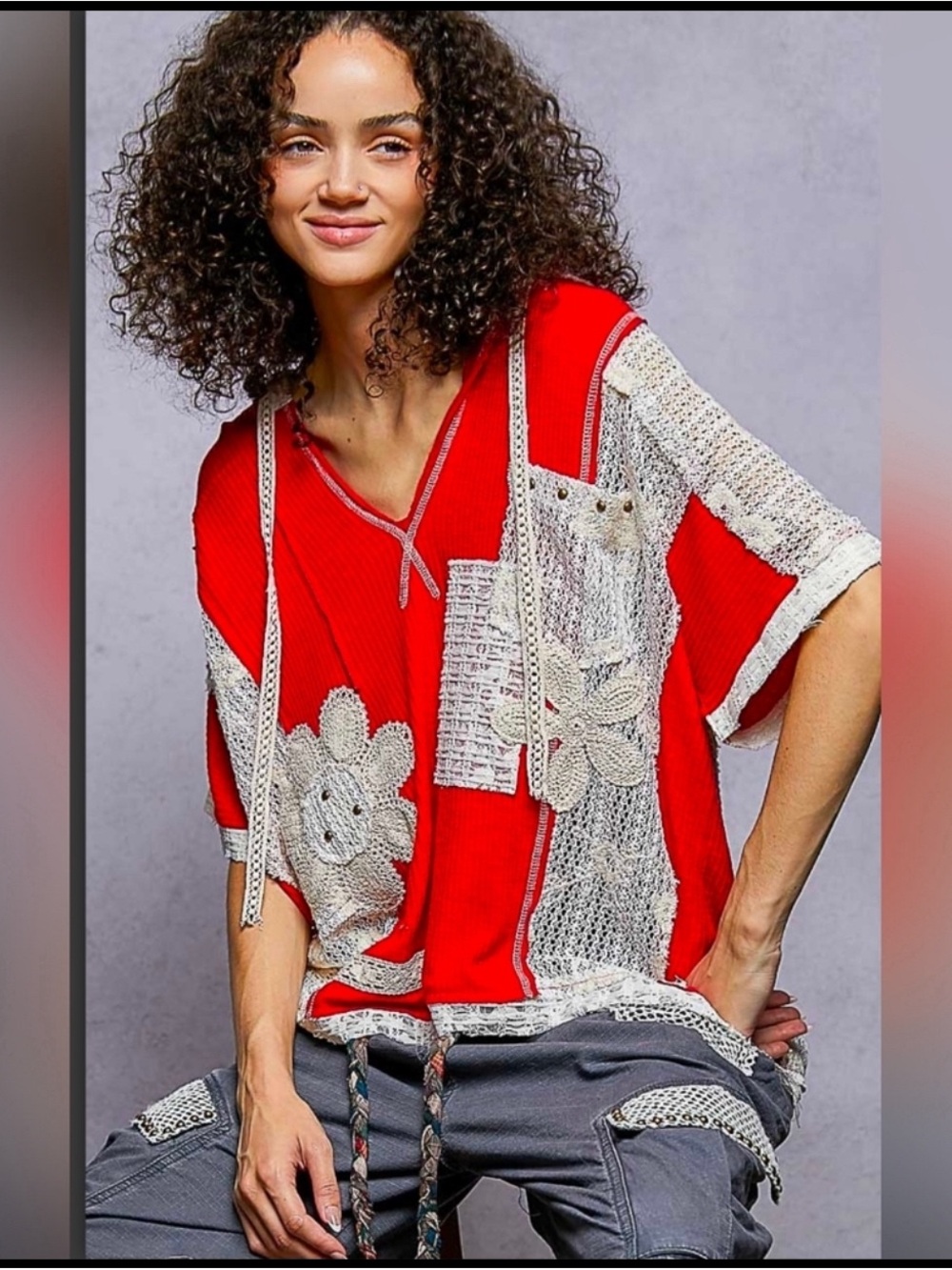 POL Red Short Sleeve Crochet Patchwork Top with Cream Accents